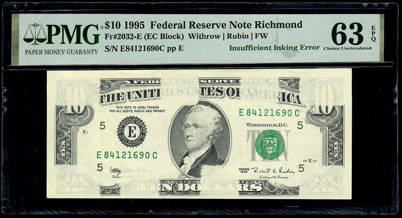 1995 $10 Federal Reserve Error Note. PMG Gem Uncirculated 63 EPQ