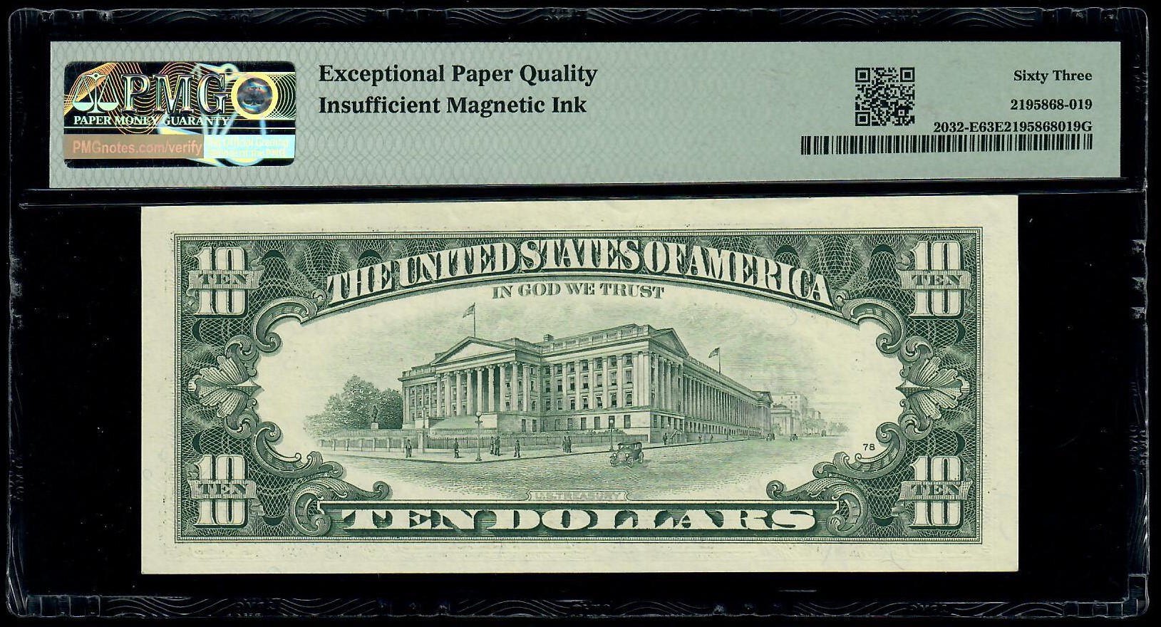 1995 $10 Federal Reserve Error Note. PMG Gem Uncirculated 63 EPQ