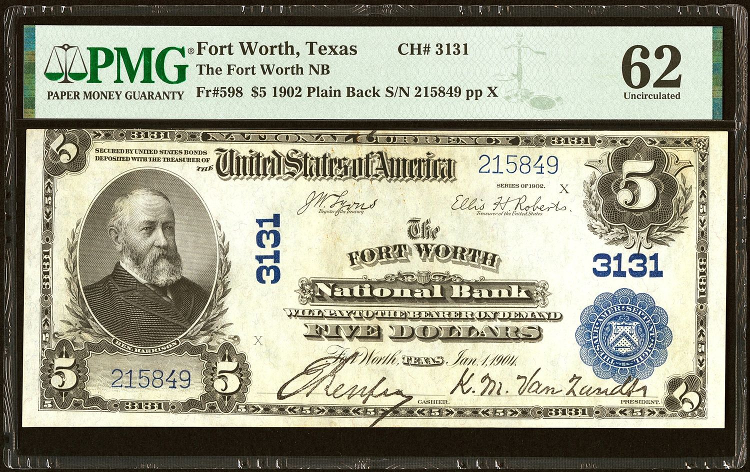 1902 $5 National Bank Note-Fort Worth, TX Ch# 3131 PMG 62 AU