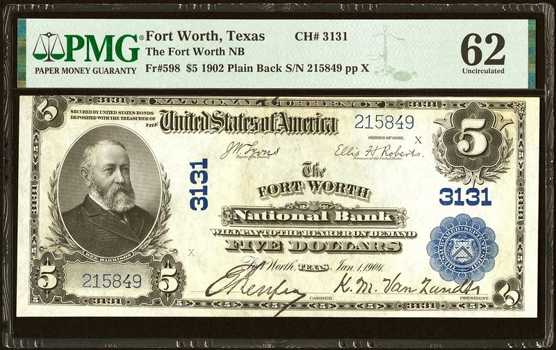 1902 $5 National Bank Note-Fort Worth, TX Ch# 3131 PMG 62 AU