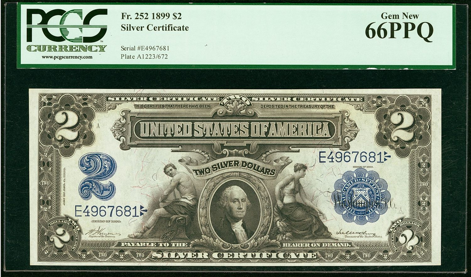 1899 $2 Silver Certificate, Fr. 252, PCGS Gem New 66PPQ.