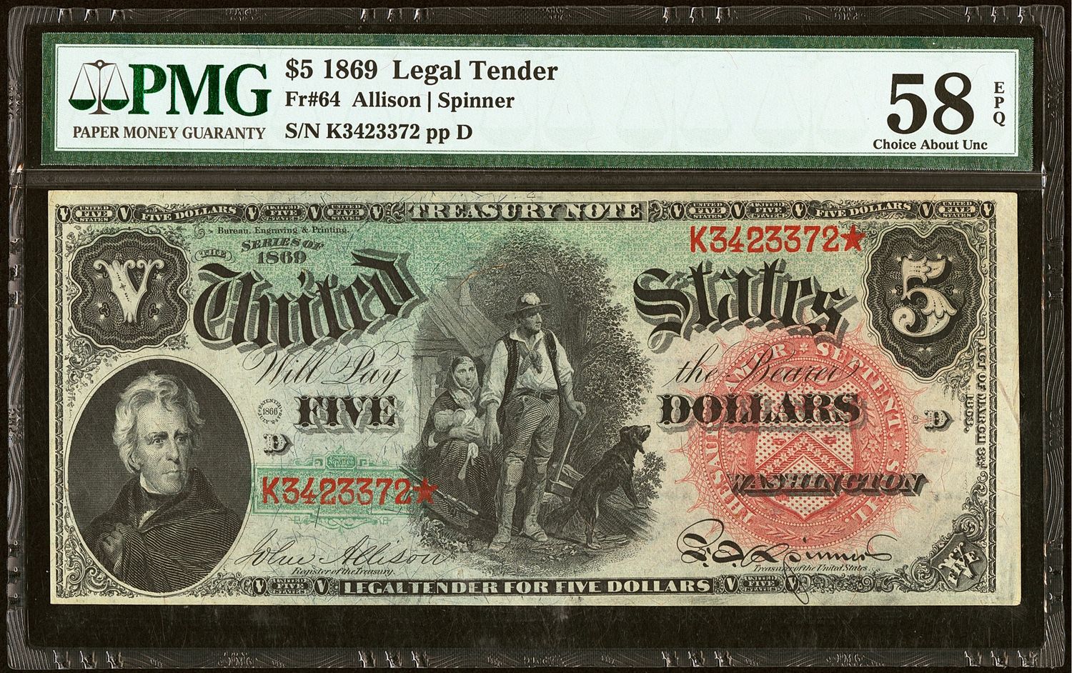 Fr. 64 $5 1869 Legal Tender Star Note, Allison/ Spinner, PMG Choice About Unc 58 EPQ.