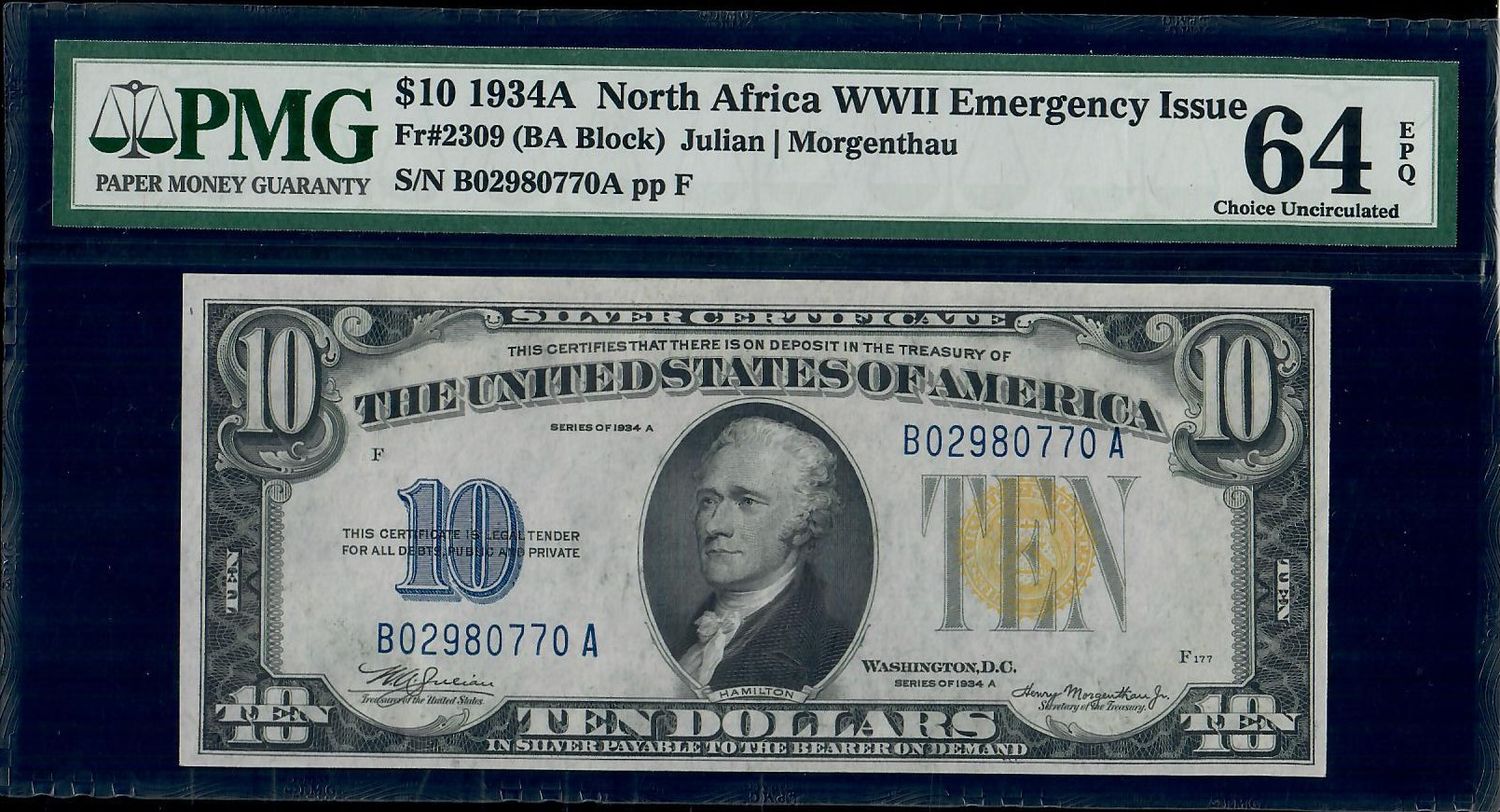 1934A $10 Silver Certificate North Africa WWII FR2309 64 EPQ PMG