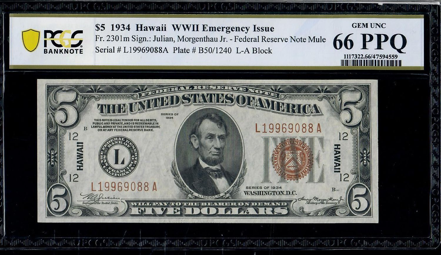 1934 $5 Hawaii FR2301, WWII Emergency Issue, Gem