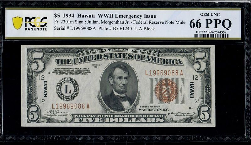 1934 $5 Hawaii FR2301, WWII Emergency Issue, Gem Uncirculated,  66 PPQ
