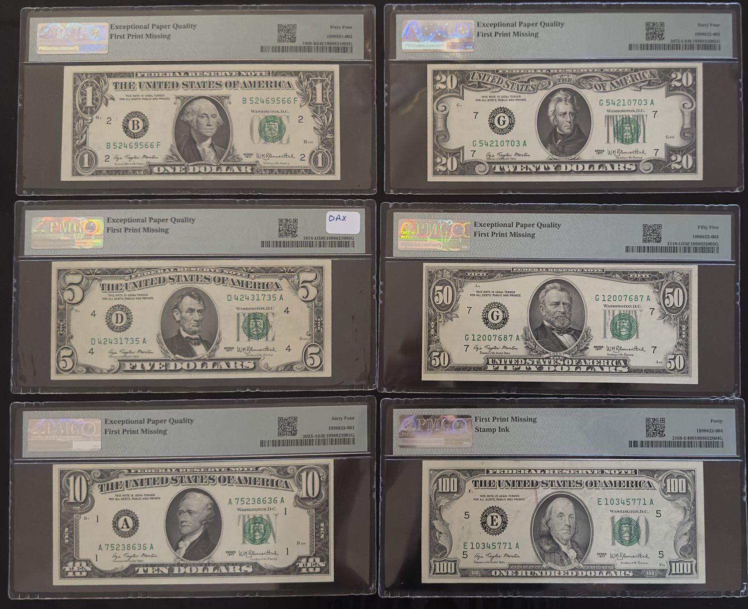 Set of Six  Error note 1977 Federal Reserve with PMG 64EPQ