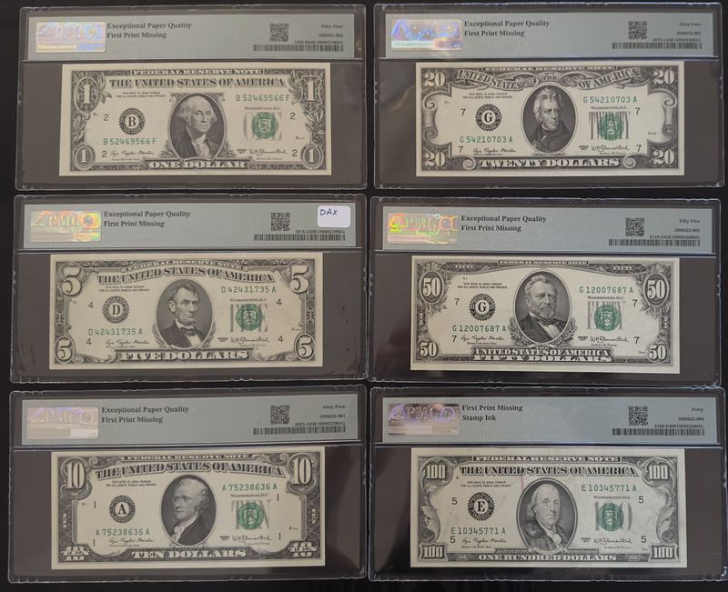 Set of Six  Error note 1977 Federal Reserve with PMG 64EPQ