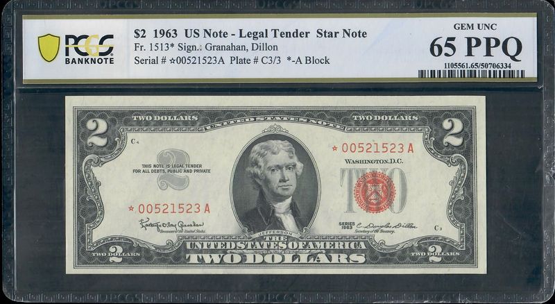 1966 $2  Red Seal Legal Tender Star Note, PCGS 65 PPQ