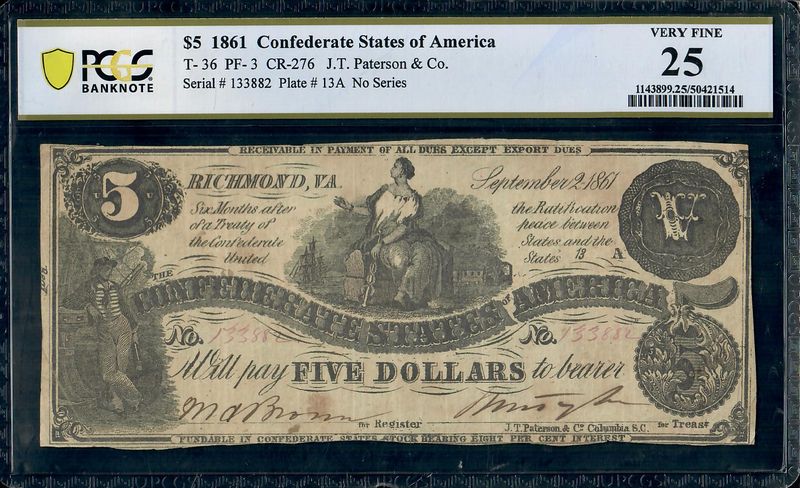 1861 $5 Confederate States Of America, PCGS Very Fine 25