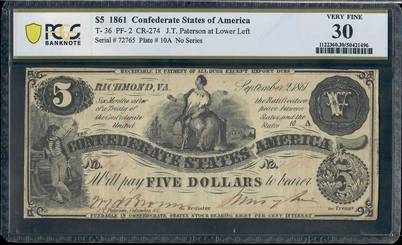 1861 $5 Confederate States Of America, PCGS Very Fine 30