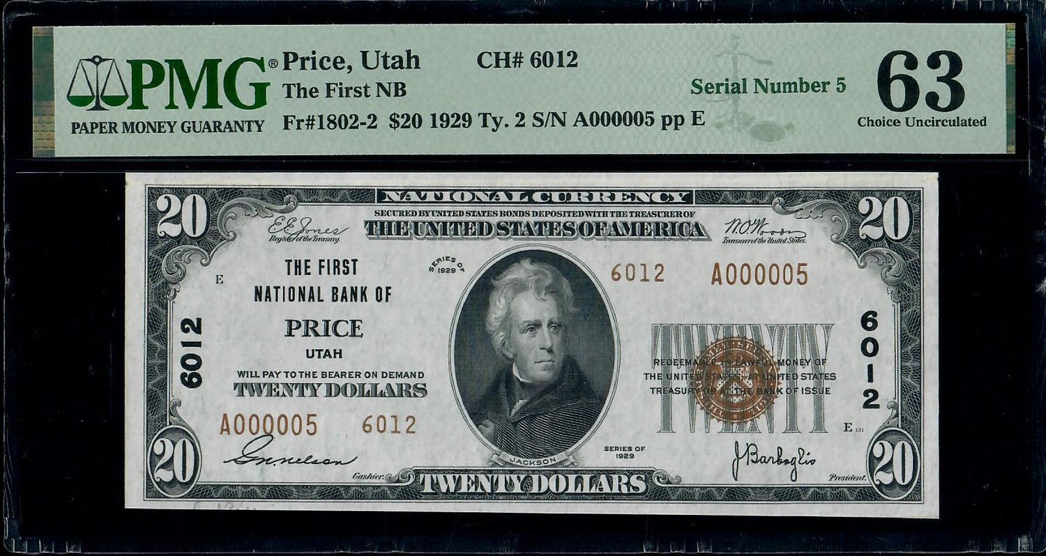 1929 Ty 2. $20 The First  National Bank Not, Price -Utah, Serial Number 5, PMG 63