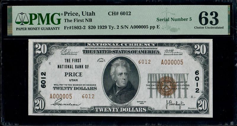 1929 Ty 2. $20 The First  National Bank Not, Price -Utah, Serial Number 5, PMG 63