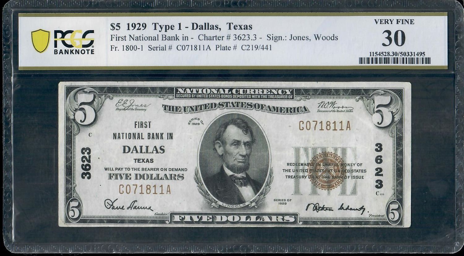 1929 Ty 1. $5 The First National Bank Note-Dallas Texas, PCGS 30 Very Fine