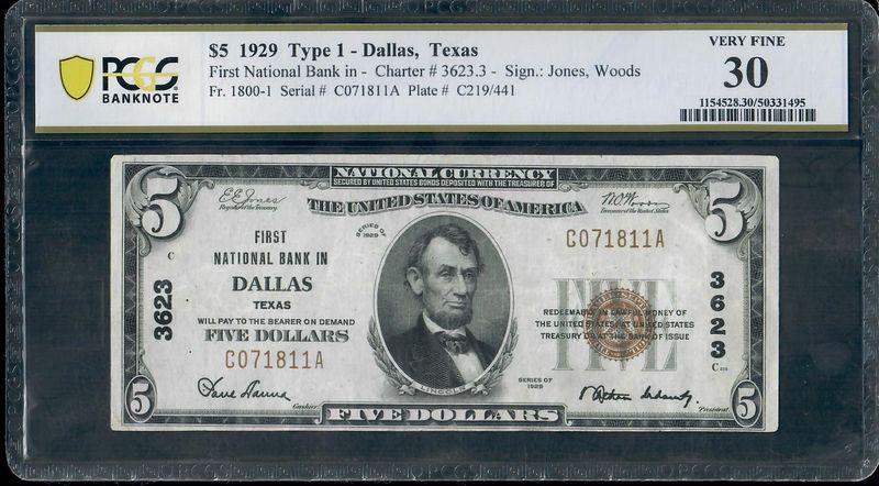 1929 Ty 1. $5 The First National Bank Note-Dallas Texas, PCGS 30 Very Fine