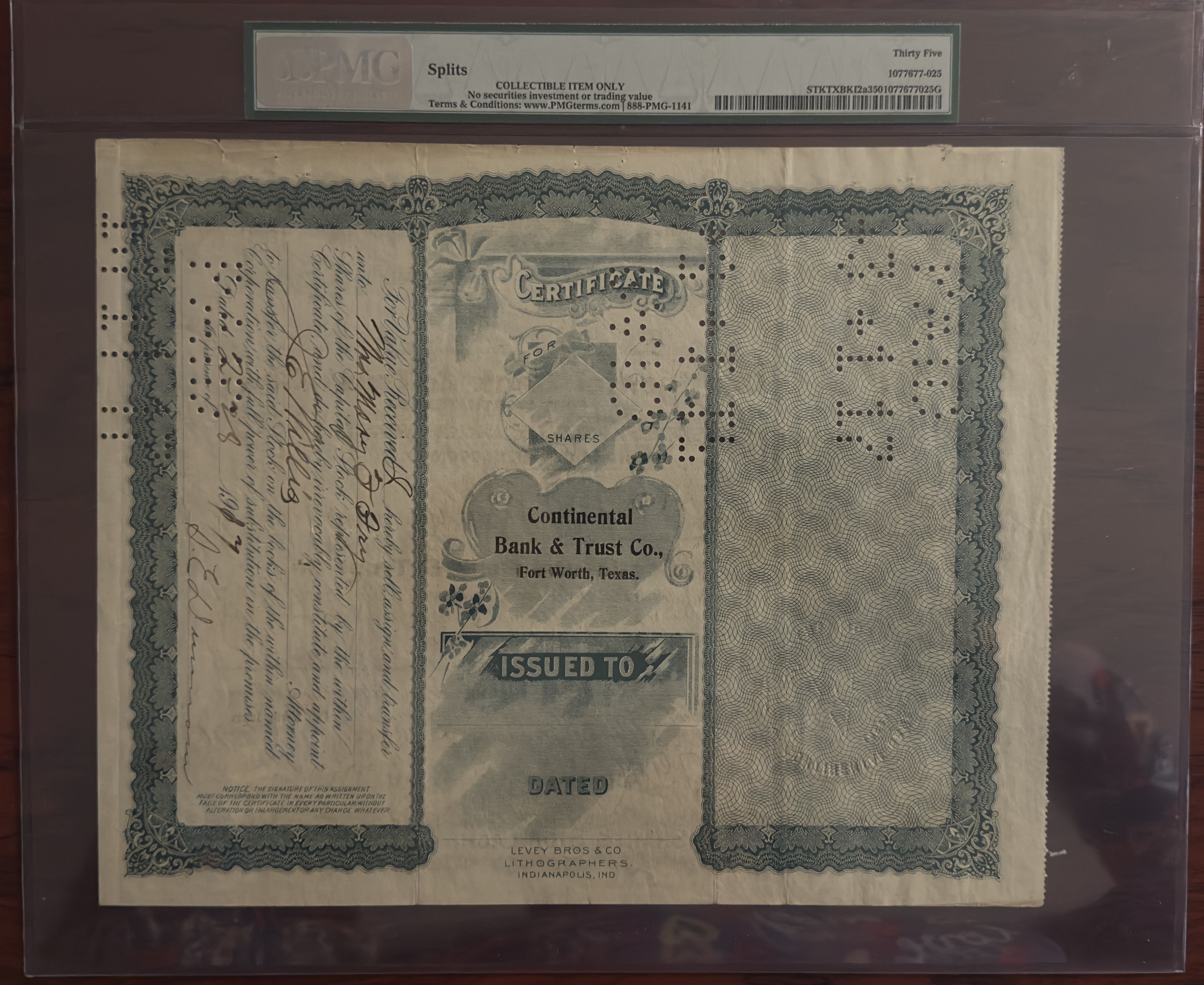 Continental Bank & Trust Company 1904, 2 Shares $100.Each, Fort Worth, Texas, PMG 35 Very Fine​