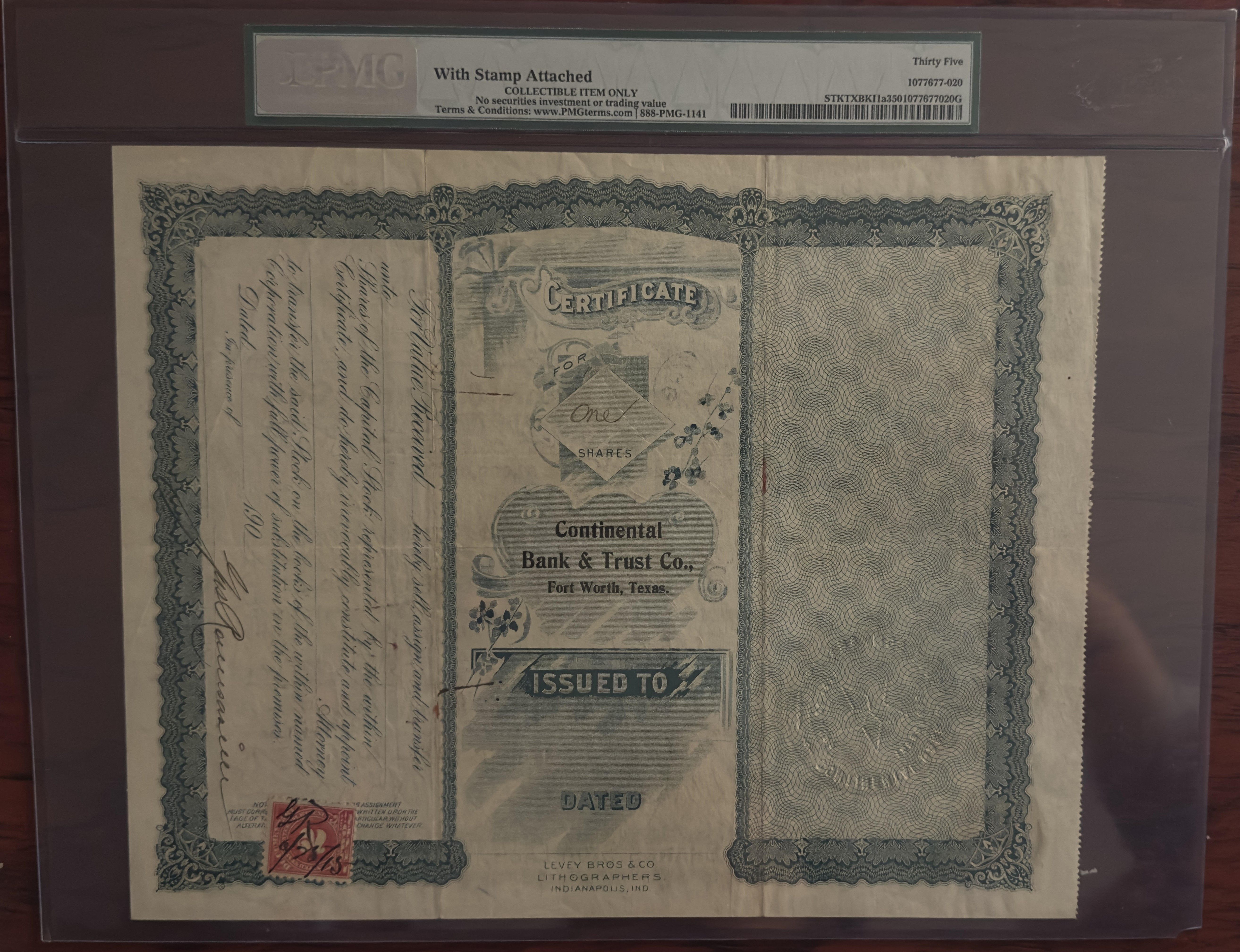 Continental Bank & Trust Company 1904 - 1Shares Fort Worth, Texas, PMG 35 Very Fine