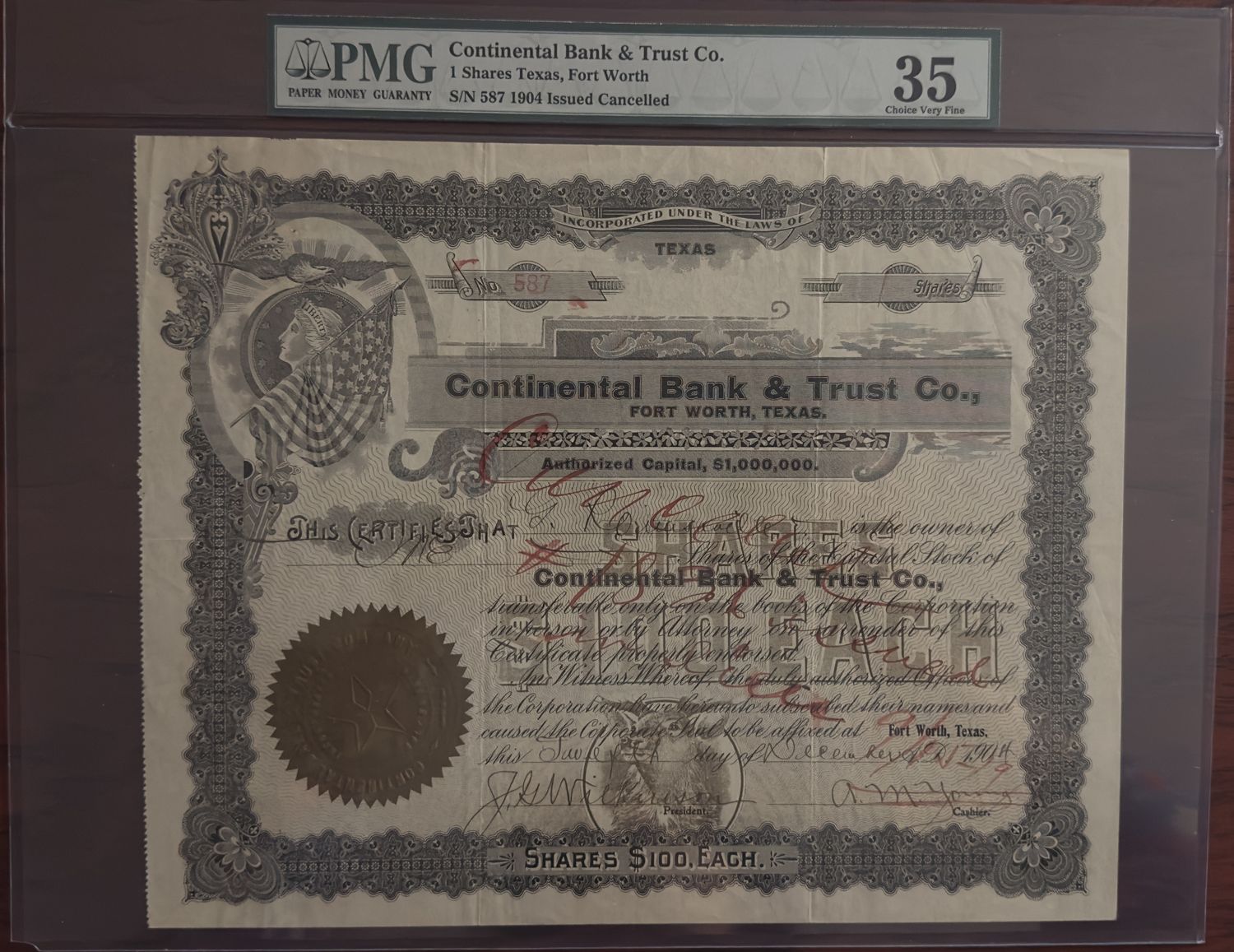 Continental Bank & Trust Company 1904 - 1Shares Fort Worth, Texas, PMG 35 Very Fine