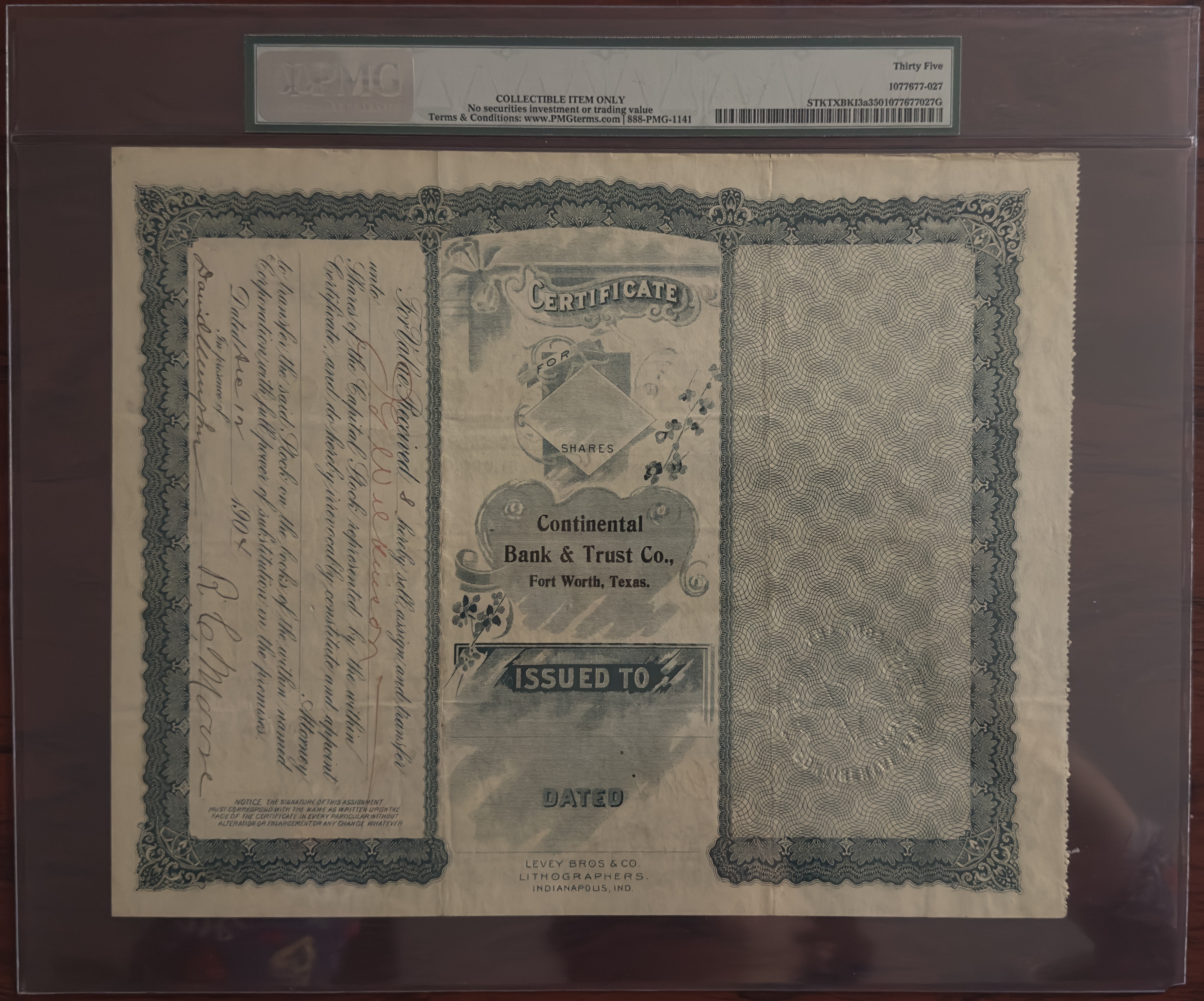 Continental Bank & Trust Company 1904 - 3 Shares Fort Worth, Texas, PMG 35 Very Fine