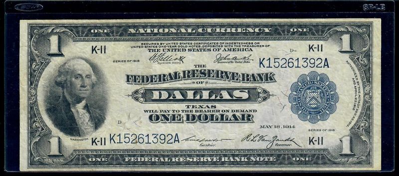 1914 $1 Federal Reserve Bank Notes Dallas ,Texas