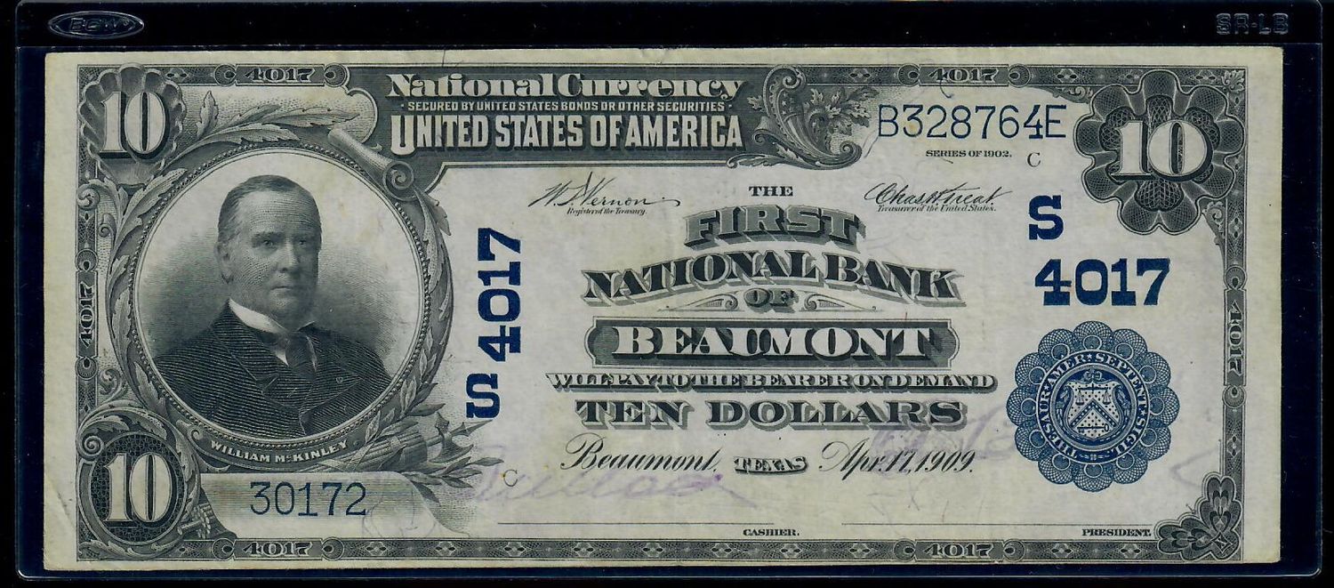 1902 ​​$10 The First National Bank Of Beaumont  Texas Note, Plain Back, XF
