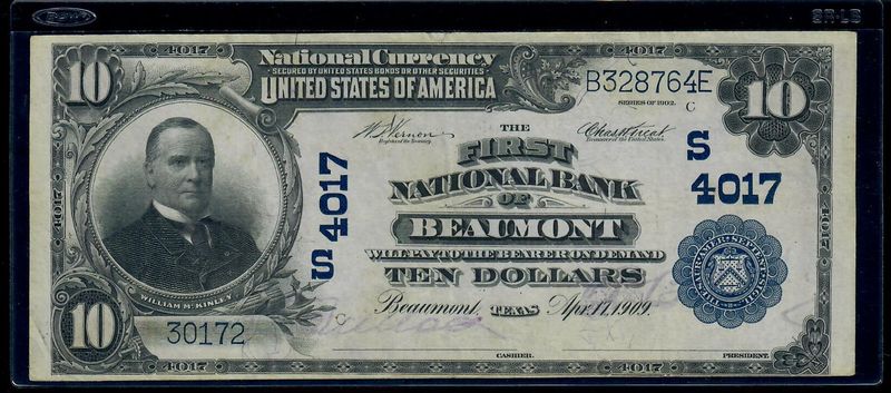 1902 ​​$10 The First National Bank Of Beaumont  Texas Note, Plain Back, XF