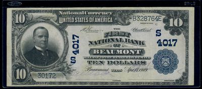 1902 ​​$10 The First National Bank Of Beaumont  Texas Note, Plain Back, XF