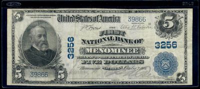 1902 ​​$10 The First National Bank Of Menominee, Michigan Large Note, VF