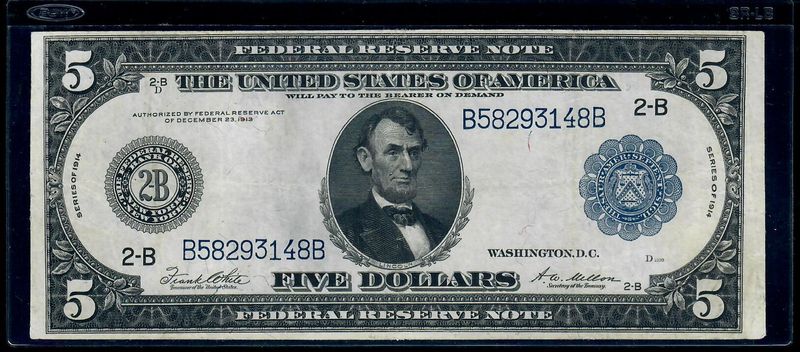 1914 ​$5 Federal Reserve Large Note, New York,  AU