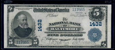 1902 $5 National Currency Large Note, ​Baltimore, Maryland, XF