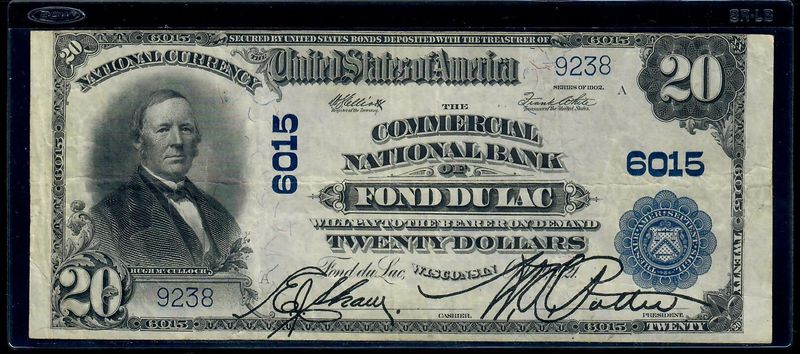 $20 1902 Commercial National Bank Of Fond Dulac, Wisconsin, VF​