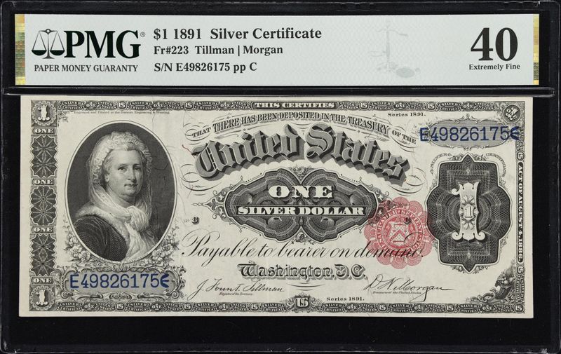 1891 $1 Silver Certificate, Fr. 223, PMG 40, Extremely Fine, Serial# E49826175