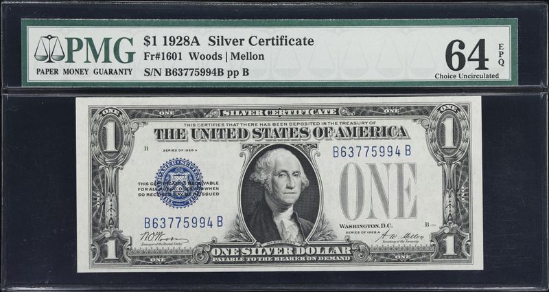 1928A-57 $1 Silver Certificates, Funny Back, Serial# B63775994B, Fr. 1601​,  PMG  64 EPQ​, Choice Uncirculated​