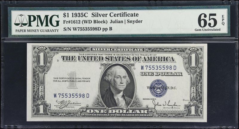 1935C $1 Silver Certificates, Serial# W75535598D, Fr. 1612, PMG 65 EPQ​, Gem Uncirculated​