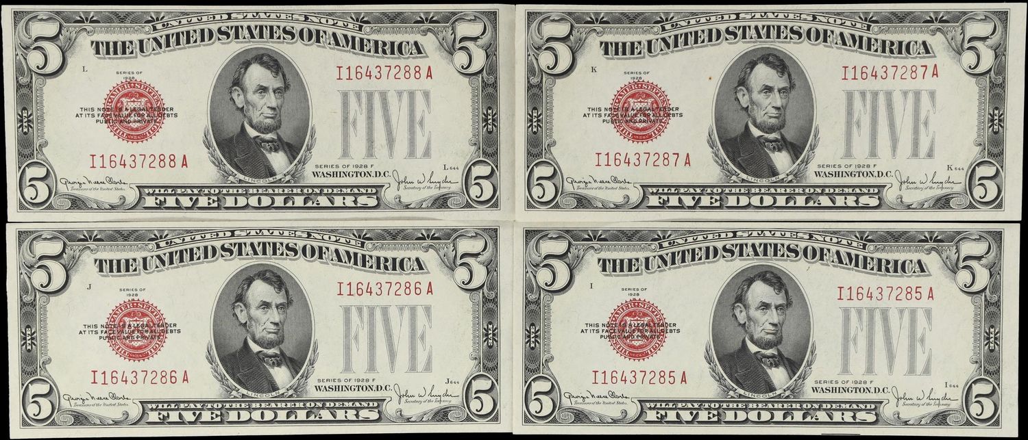 Lot of (4) 1928F $5 Legal Tender Notes, Fr. 1531, ​Choice Uncirculated, Consecutive Serial Numbers(4)