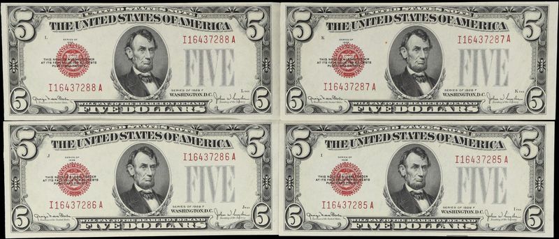 Lot of (4) 1928F $5 Legal Tender Notes, Fr. 1531, ​Choice Uncirculated, Consecutive Serial Numbers(4)