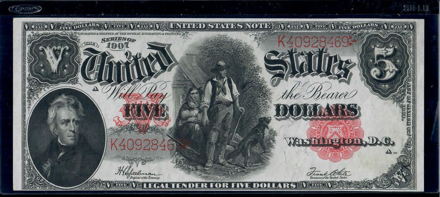 1907 $5 Legal Tender ‘Woodchopper’ Large Size Note, Washington DC, Serial# K40928469