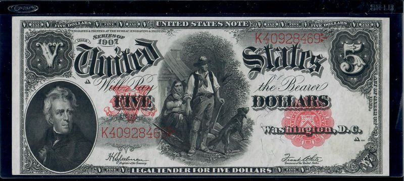 1907 $5 Legal Tender ‘Woodchopper’ Large Size Note, Washington DC, Serial# K40928469