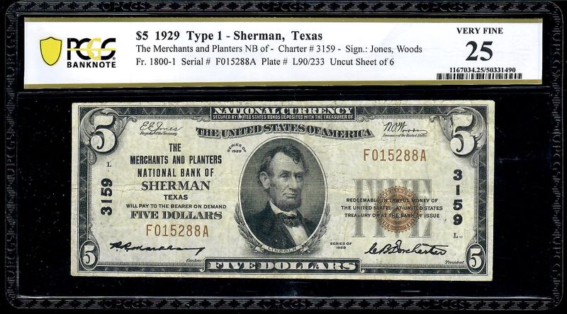 ​1929 $5 The Merchants and Planters National Bank of Sherman, TX PCGS 25