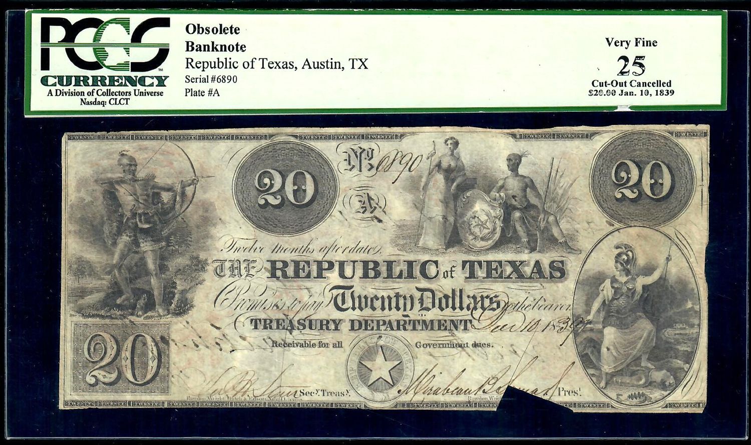 1839 Republic of Texas , Austin PCGS 25 VF