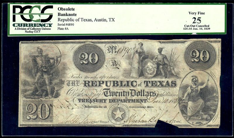 1839 Republic of Texas , Austin PCGS 25 VF