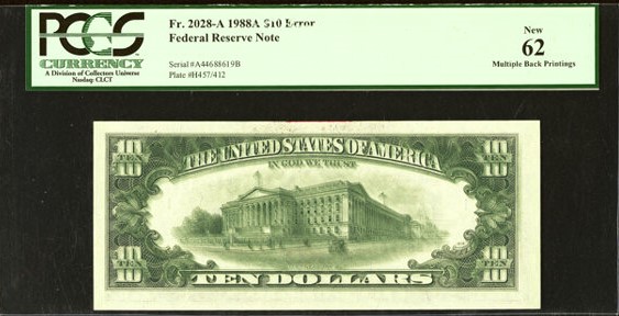 1988 $10 Federal Reserve Fr. 2028-A Double Back Printing PCGS 62 UNC