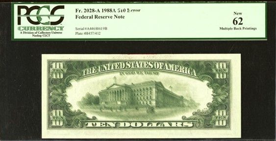 1988 $10 Federal Reserve Fr. 2028-A Double Back Printing PCGS 62 UNC