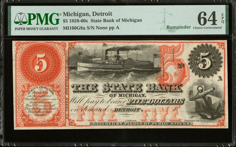 1859- 60s $5​ State Bank of Michigan Remainder​ Note, Detroit, MI, MII60G8a, Serial# None ppA, PMG 64 EPQ, Choice Uncirculated