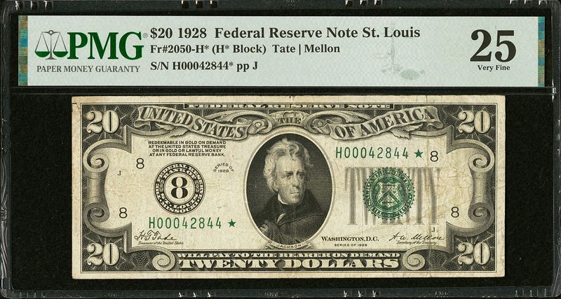 1928 $20 Federal Reserve Star Note, Fr# 2050- H*, Serial# H00042844* pp J, PMG25, Very Fine