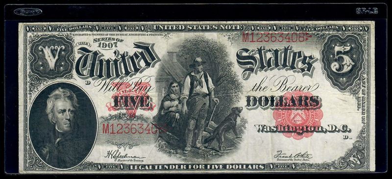 1907 $5 Legal Tender Note, ‘Woodchopper, Fr# 91, PCBLIC Error, S/N # M 12363408​, VF condition