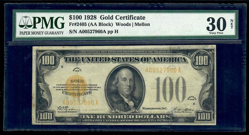 1928 $100 Gold Certificate, Fr.2405 AA, Block, S/N A00527960A, PMG 30, Very Fine​