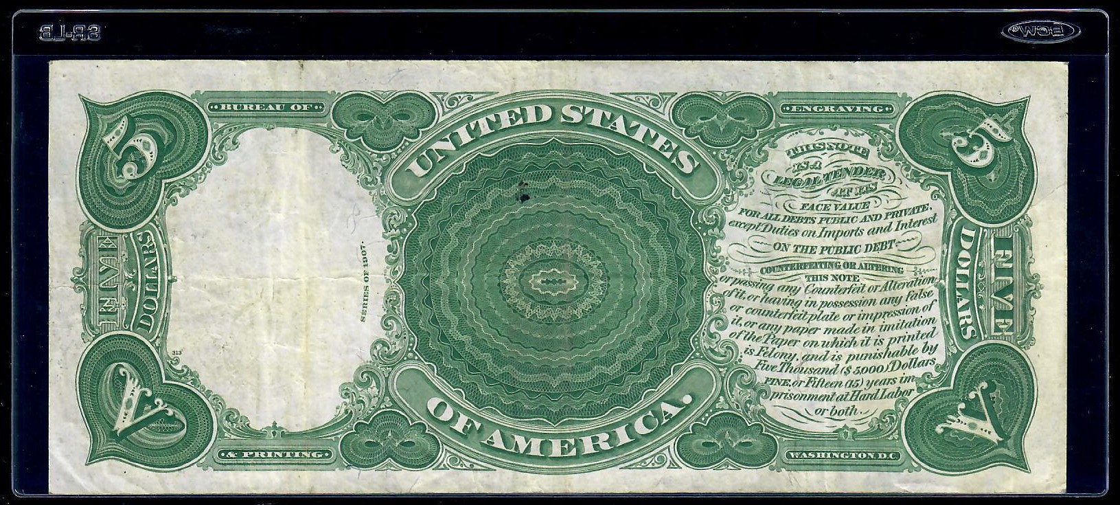 1907 $5 Legal Tender Note, ‘Woodchopper, Fr.91, PCBLIC Error, S/N # K81723717​, VF condition