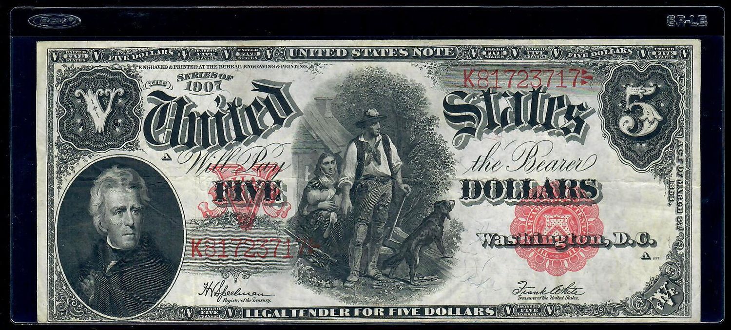 1907 $5 Legal Tender Note, ‘Woodchopper, Fr.91, PCBLIC Error, S/N # K81723717​, VF condition
