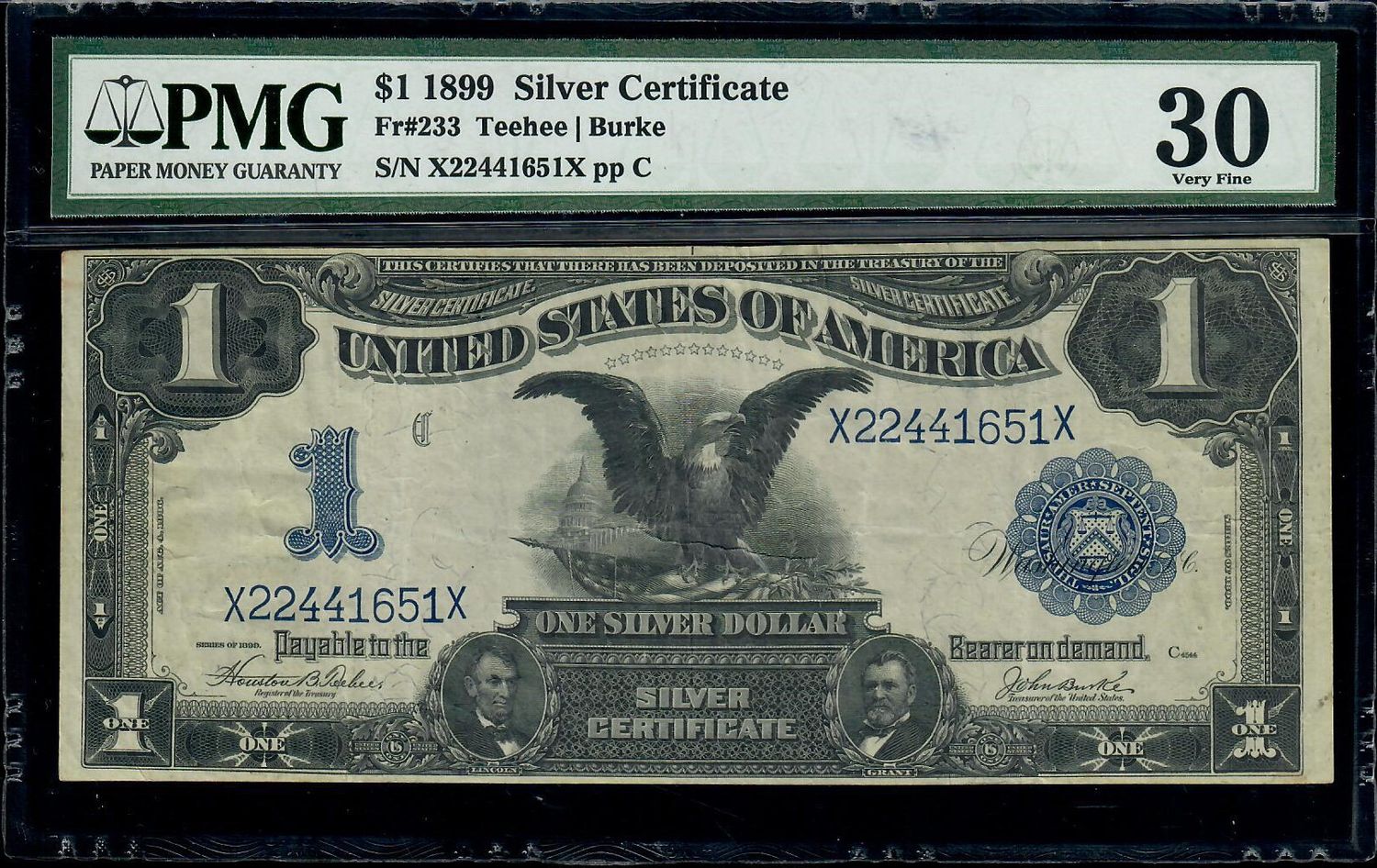 $1 1899 Silver Certificate Note, Fr# 233, Teehee/ Burke, Serial# x2244165 pp C, PMG 30, Very Fine