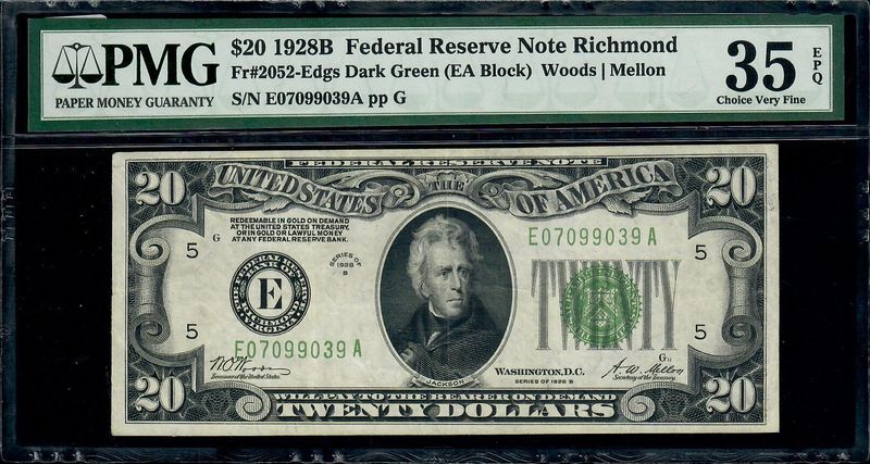 1928 $20 Federal Reserve Note, Richmond, Fr# 2052, Serial# E07099039A pp G, PMG35, Choice Very Fine, EPQ